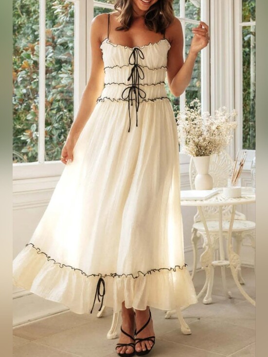 Dresses & Skirts - 🌸Cream & Black Frill Bow Front Midi Cami Dress
